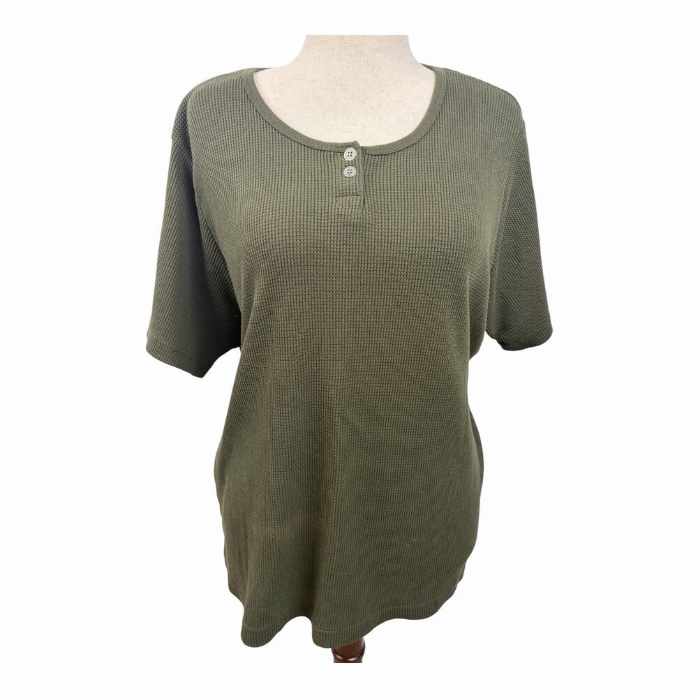 L.A. Blues Waffle Knit Top Womens 22/24 Olive Green Short Sleeve Henley Plus Sz